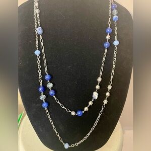 Erica Lyons Long 2 Strand Silver Tone Necklace w/Sodalite & Blue Crystal Beads